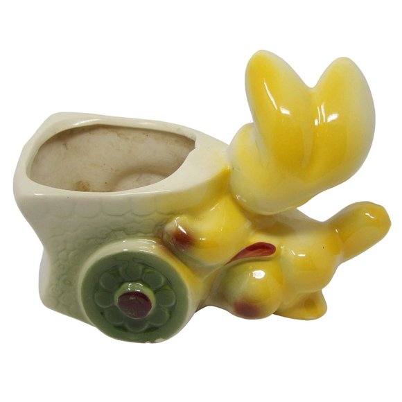 Vintage Kitschy Yellow Bunny Rabbit Pushing Cart Planter 5" H x 6 3/4" L x 3" D - Picture 5 of 10